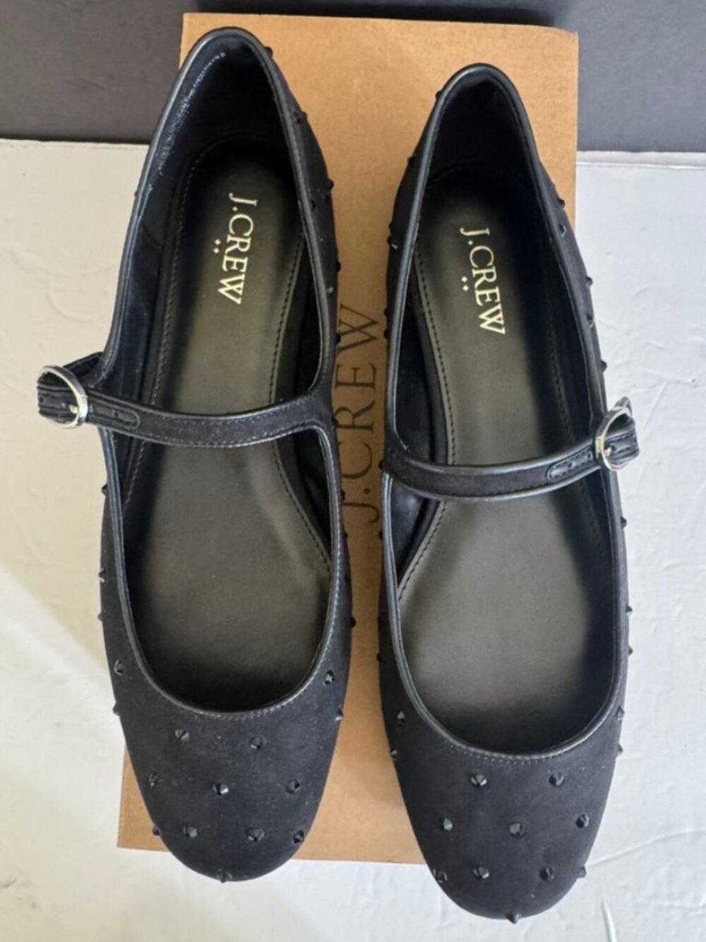 New Crew Mary Jane Flats -Round Toe, Black & Rhinestones Style CD 236 Sz. 8.5